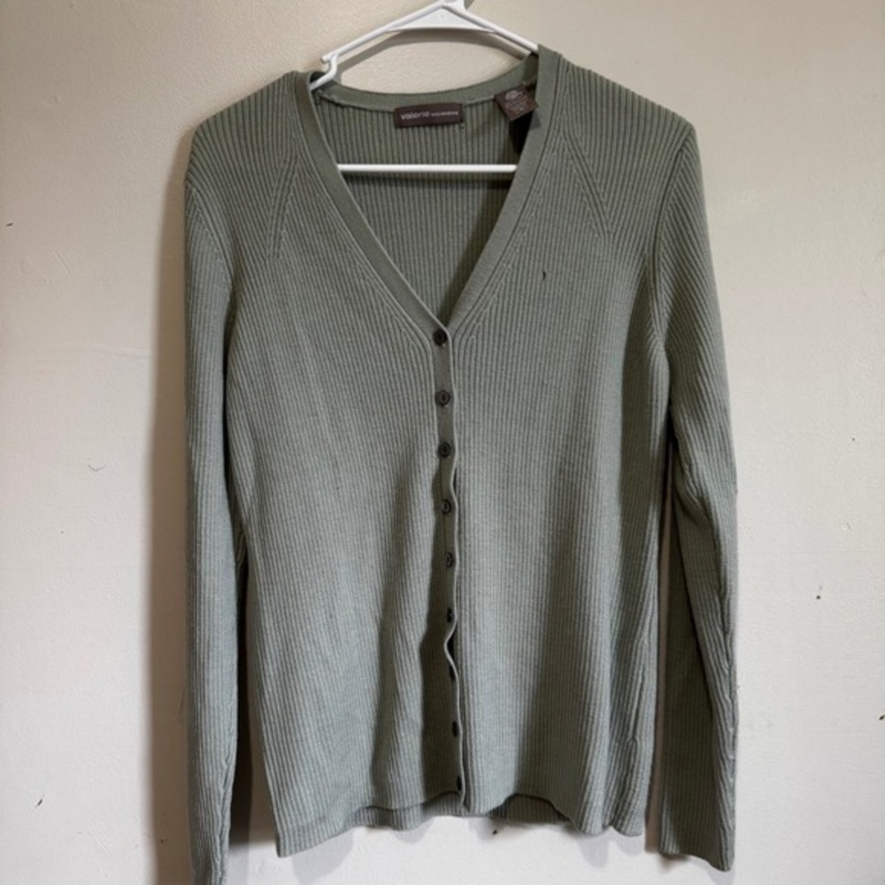 Valerie Separates Sage Green 100% Merino Wool Ribbed V-Neck Cardigan Sweater M